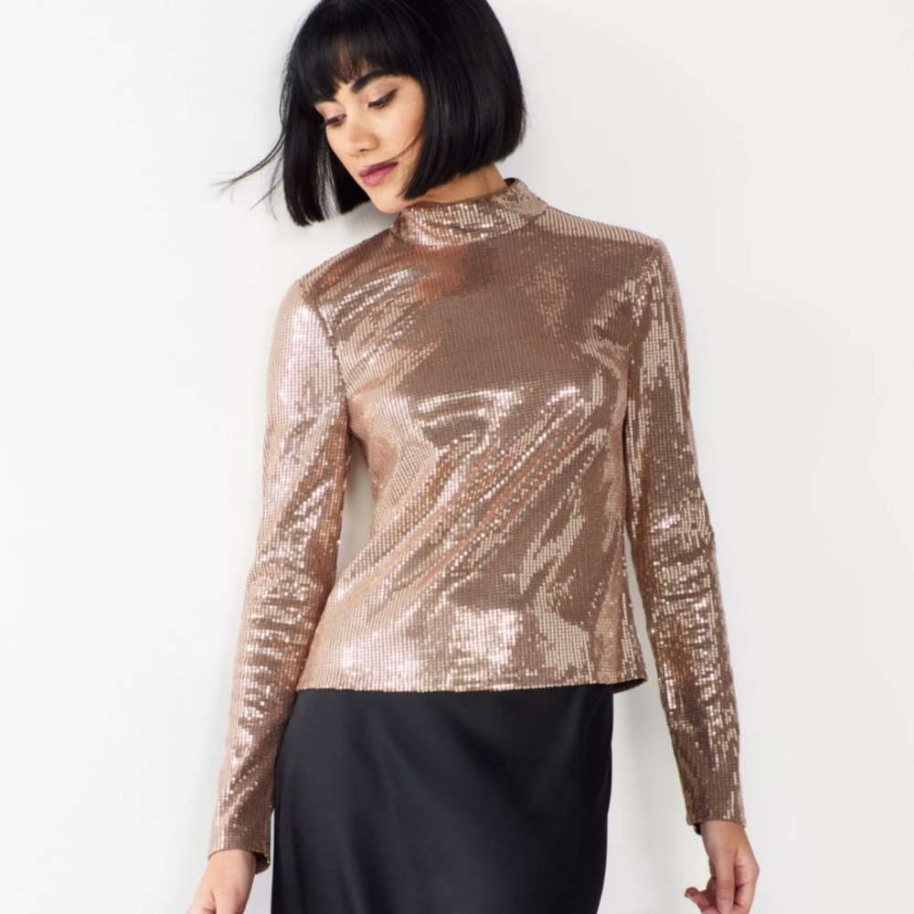 EUC gold turtleneck long sleeve sequin top blouse XS Cara Santana